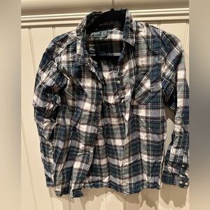 ROOTS Adult Small Green Tan & White Plaid Button Down Long Sleeve Shirt